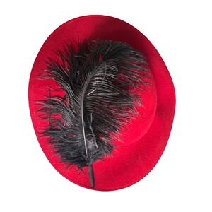 Vintage Red Doeskin Felt wool Fedora Hat Black Feather Grosgrain Ribbon